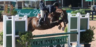 Tommi Clark and Extraordinare Excel in the $2,500 USHJA National Hunter Derby at TIEC